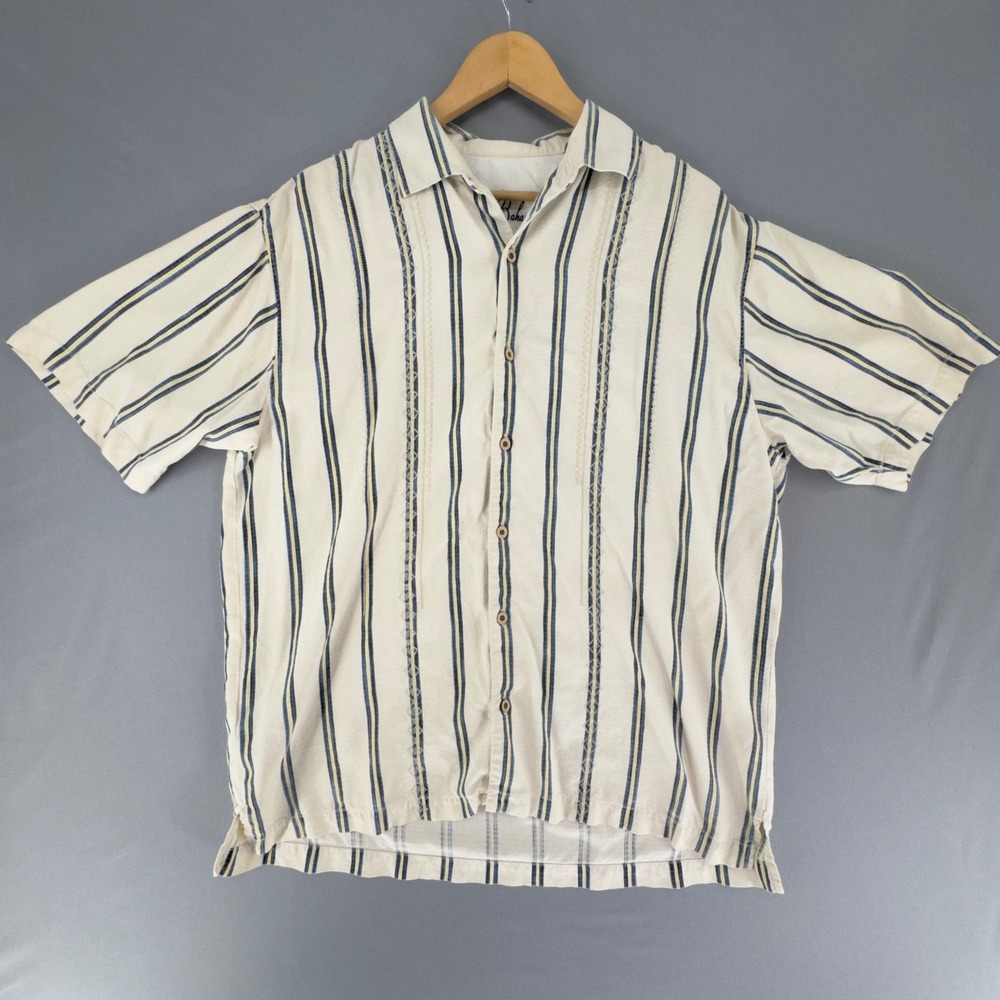 VTG Tommy Bahama Mens L 100% Silk Striped Short Sleeve Button Down Camp Shirt